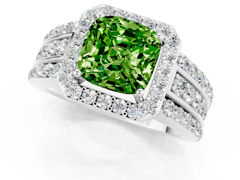 White gold Cushion Cut Halo Peridot Ring with Split Shank and Four-Prong Setting_1