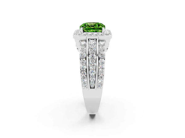 Platinum Cushion Cut Halo Peridot Ring with Round  Split Shank and Prong Setting