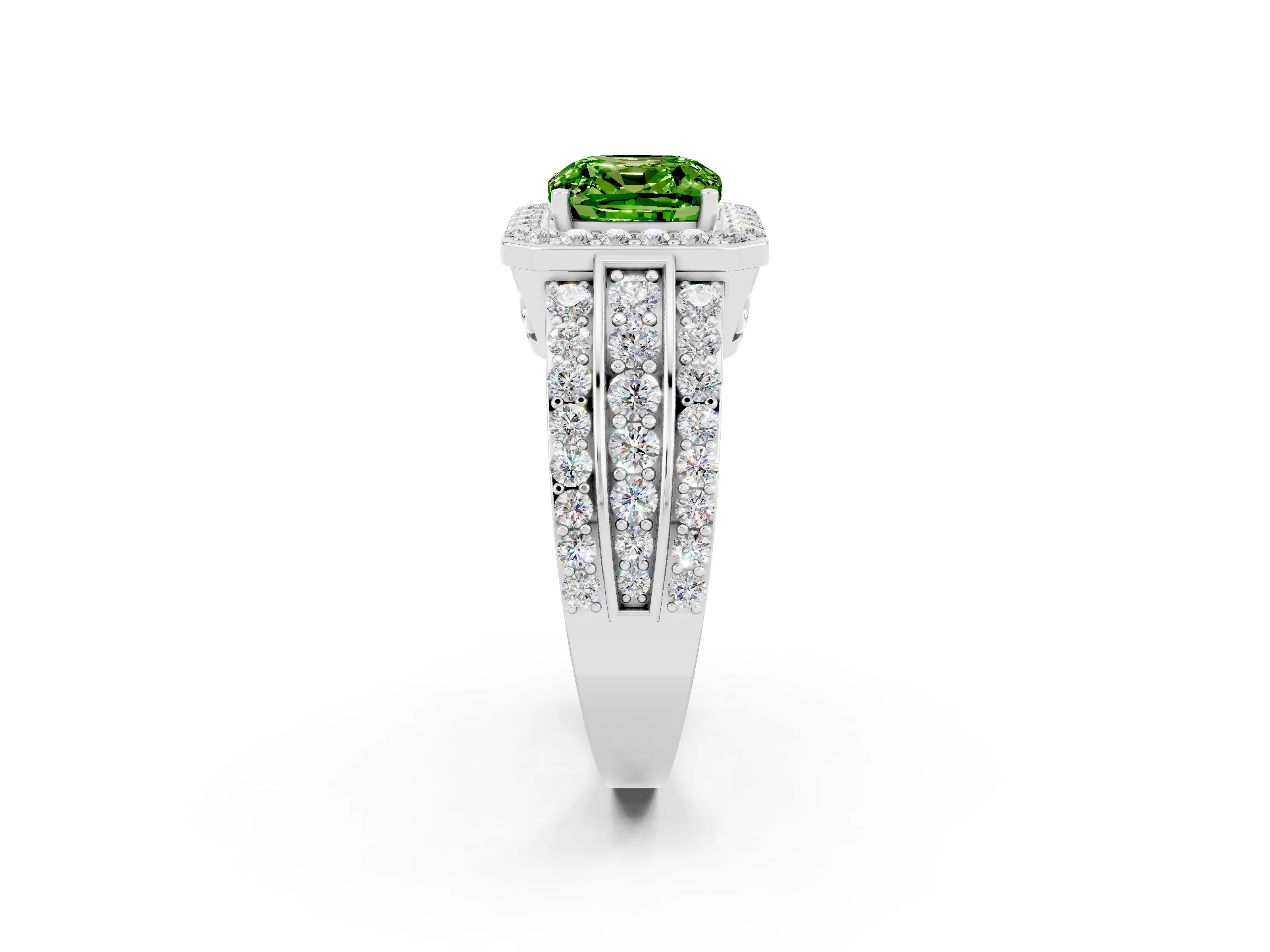 White gold Cushion Cut Halo Peridot Ring with Split Shank and Four-Prong Setting_2