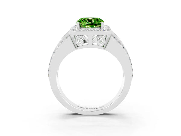 Platinum Cushion Cut Halo Peridot Ring with Round  Split Shank and Prong Setting