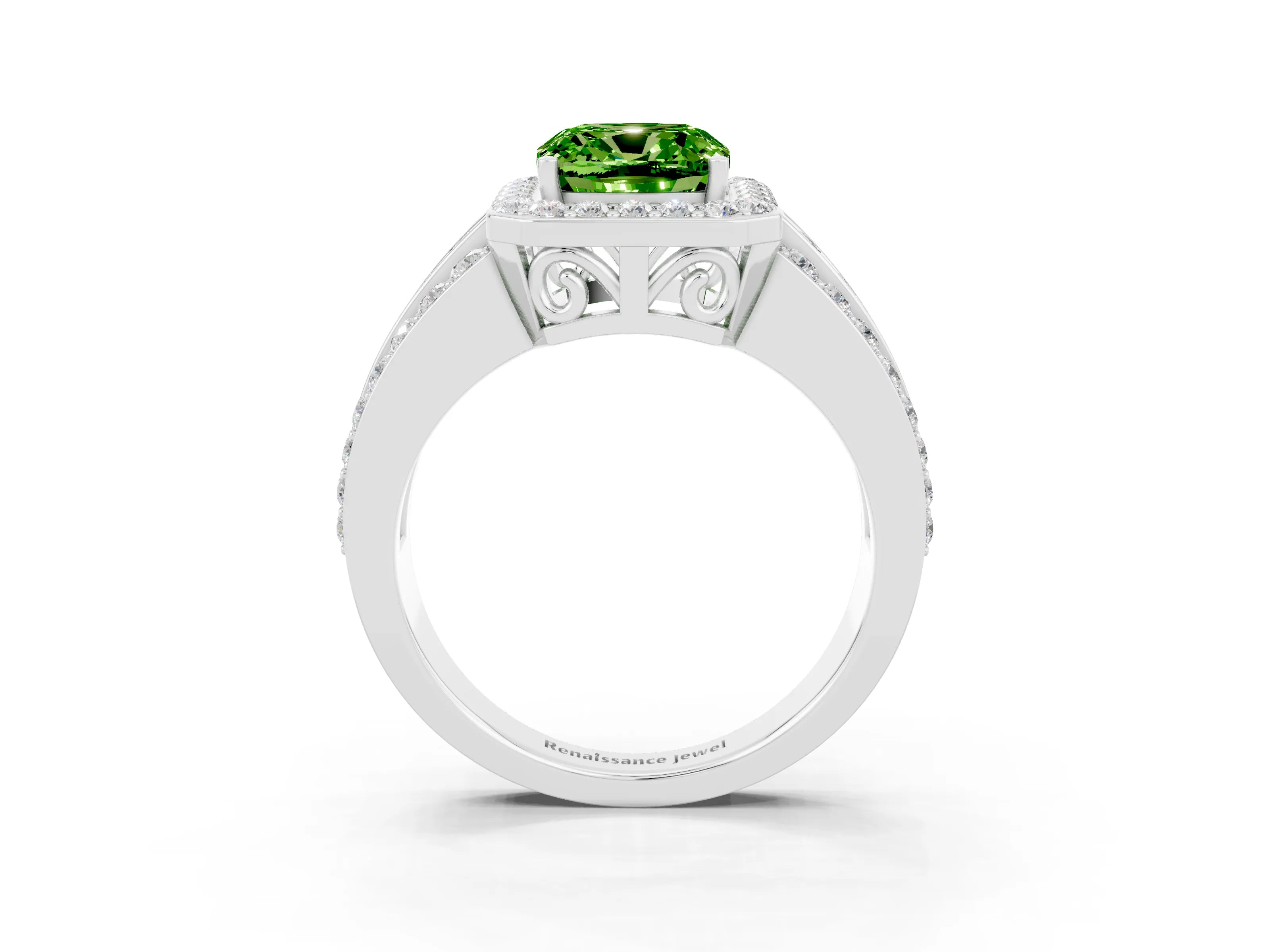 White gold Cushion Cut Halo Peridot Ring with Split Shank and Four-Prong Setting_3