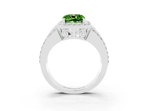 White gold Cushion Cut Halo Peridot Ring with Split Shank and Four-Prong Setting_3