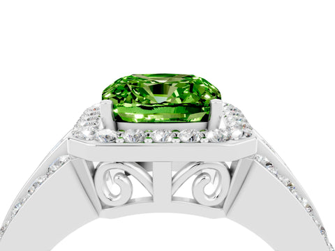 White gold Cushion Cut Halo Peridot Ring with Split Shank and Four-Prong Setting_4