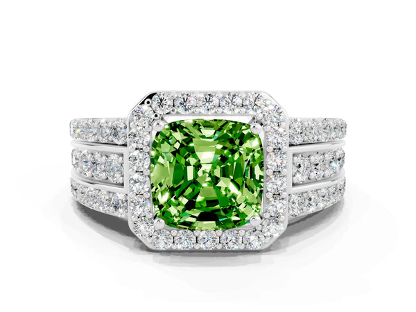 Silver Cushion Cut Halo Peridot Ring with Round  Split Shank and Prong Setting