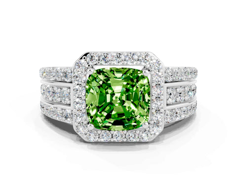 White gold Cushion Cut Halo Peridot Ring with Split Shank and Four-Prong Setting