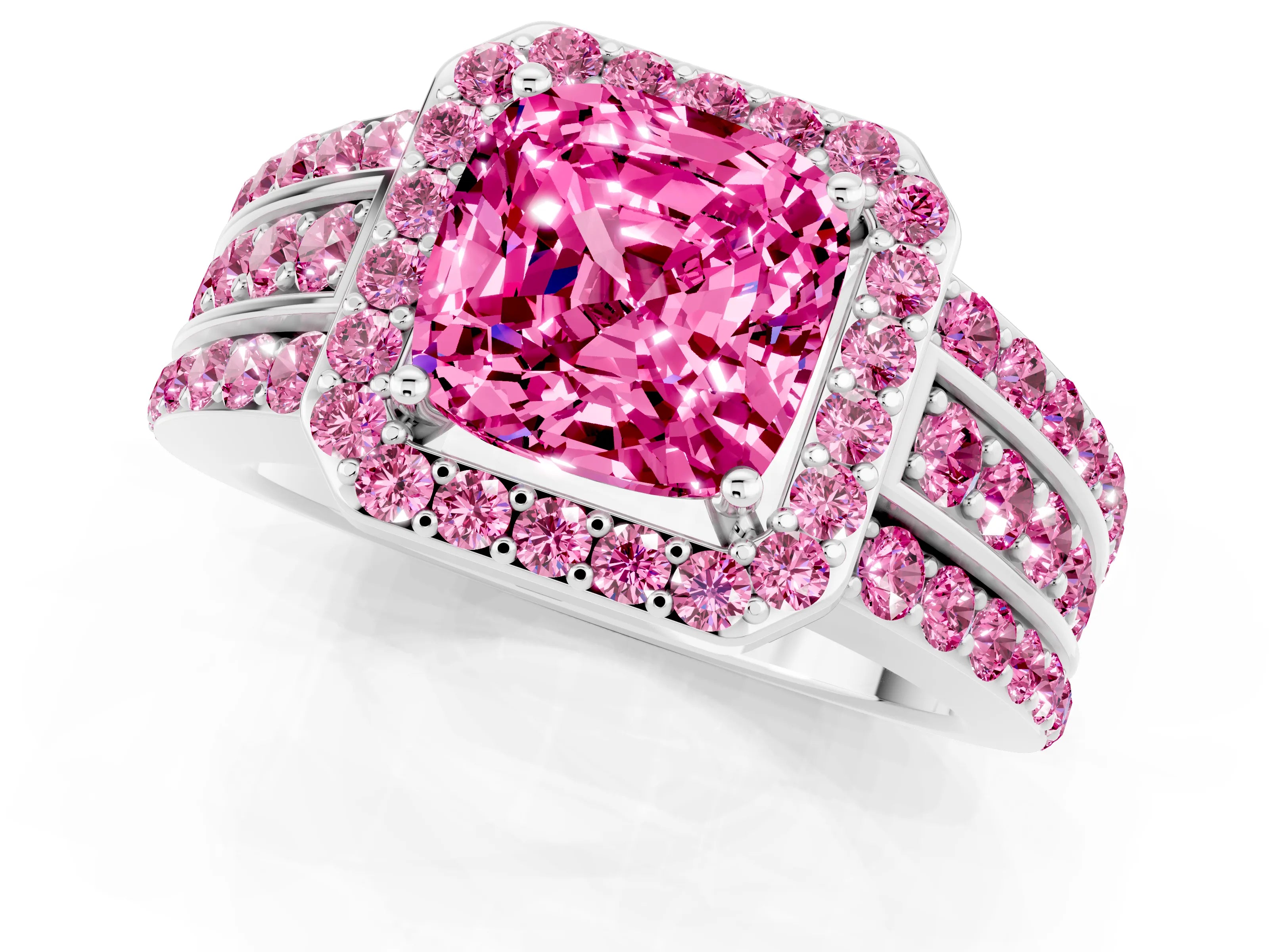 White gold Cushion Cut Halo Pink Sapphire Ring with Split Shank and Four-Prong Setting_1