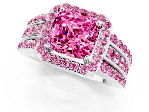 White gold Cushion Cut Halo Pink Sapphire Ring with Split Shank and Four-Prong Setting_1