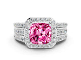 White gold Cushion Cut Halo Pink Sapphire Ring with Split Shank and Four-Prong Setting_24
