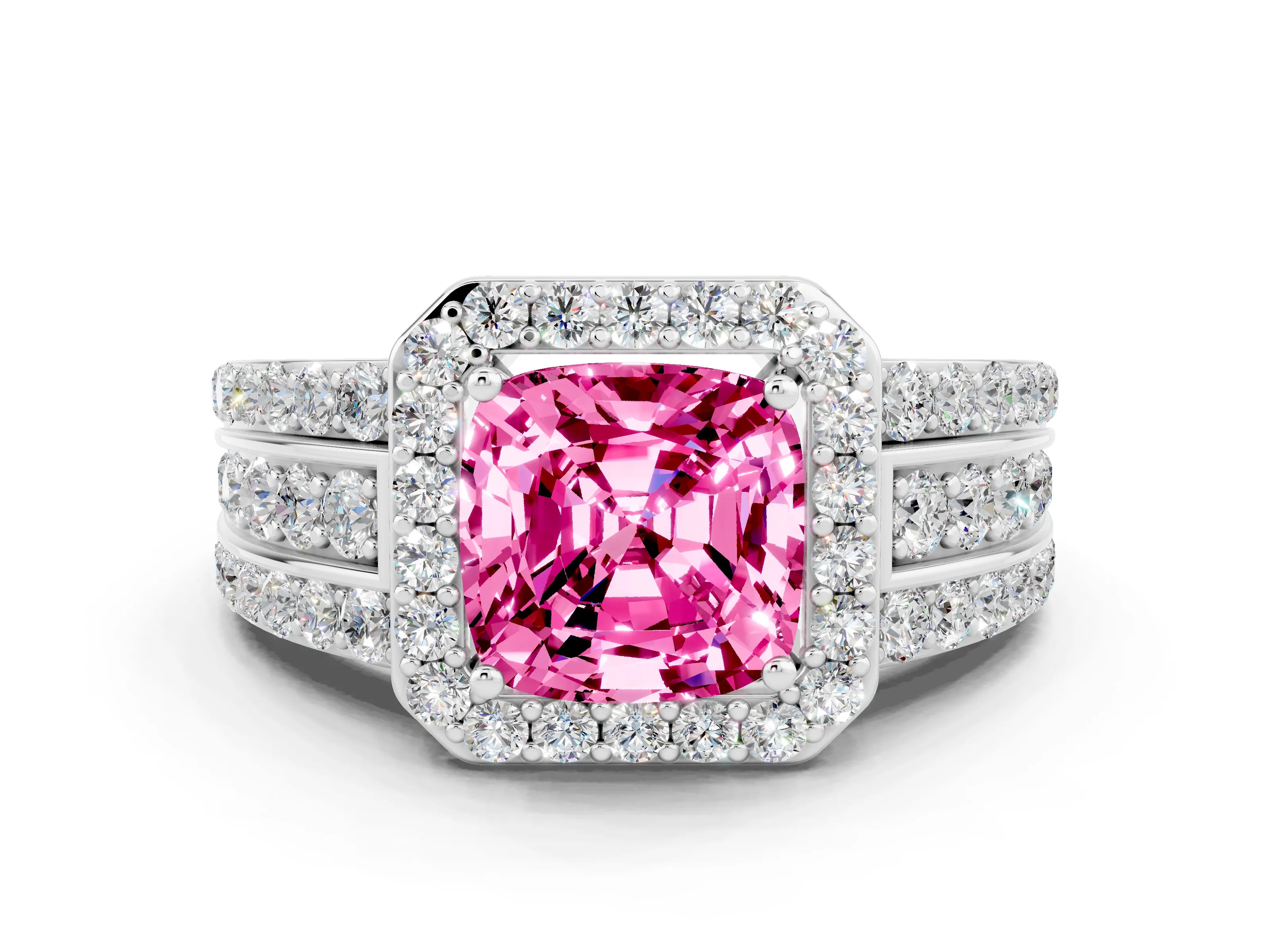 White gold Cushion Cut Halo Pink Sapphire Ring with Split Shank and Four-Prong Setting_24