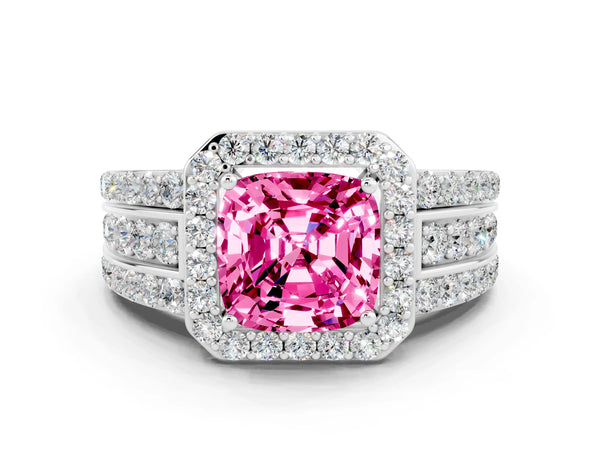 White gold Cushion Cut Halo Pink Sapphire Ring with Round  Split Shank and Prong Setting
