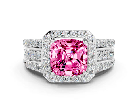 White gold Cushion Cut Halo Pink Sapphire Ring with Split Shank and Four-Prong Setting_24
