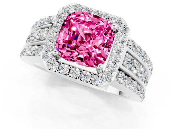 Platinum Cushion Cut Halo Pink Sapphire Ring with Round  Split Shank and Prong Setting