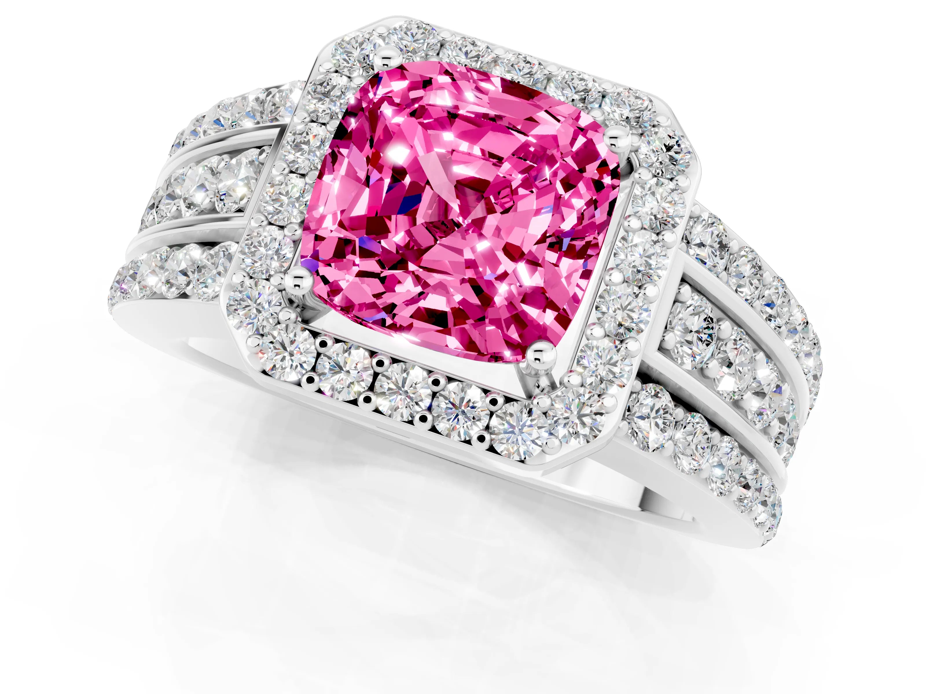 White gold Cushion Cut Halo Pink Sapphire Ring with Split Shank and Four-Prong Setting_25