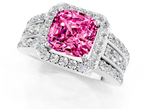 White gold Cushion Cut Halo Pink Sapphire Ring with Split Shank and Four-Prong Setting_25