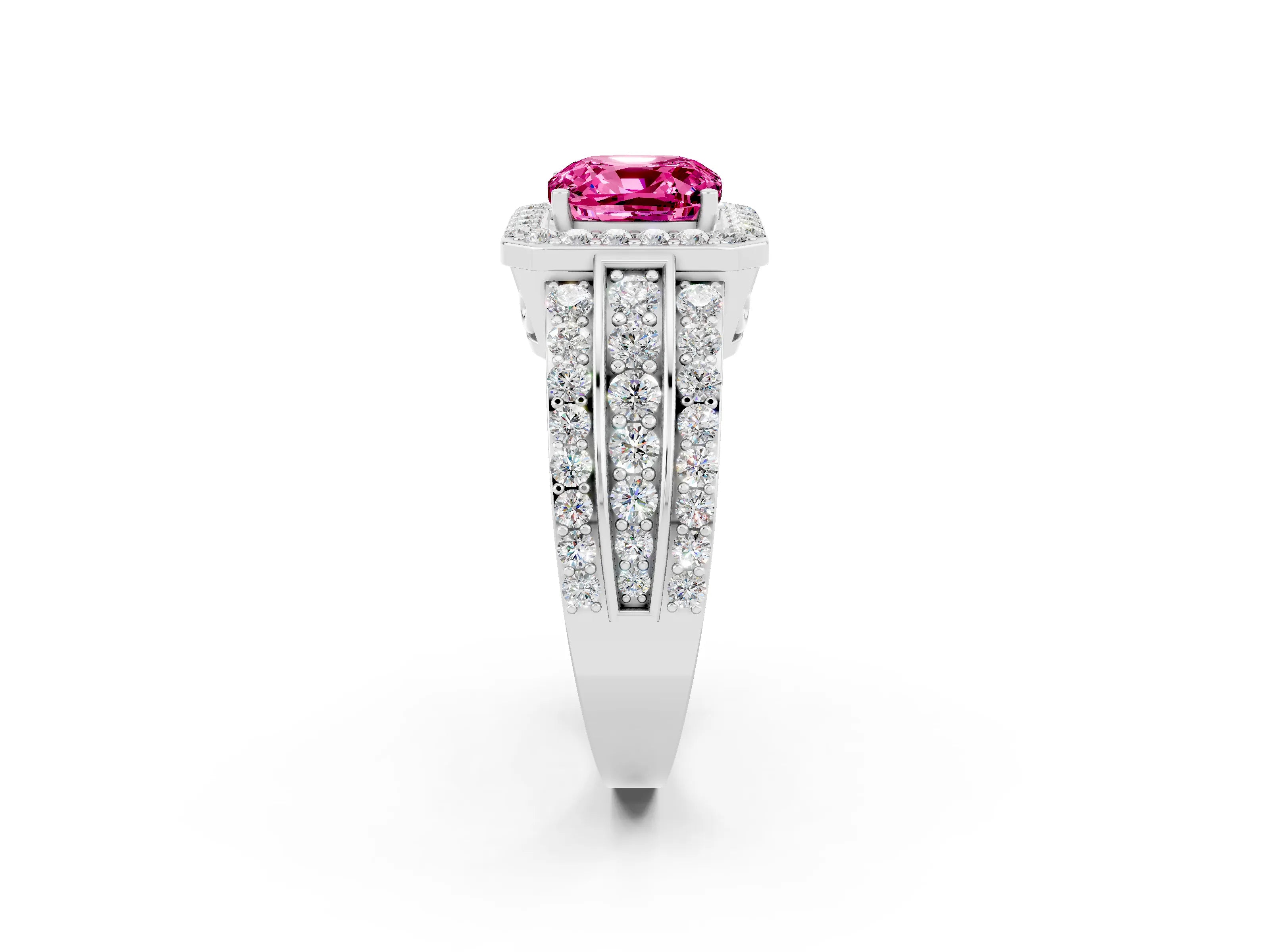 White gold Cushion Cut Halo Pink Sapphire Ring with Split Shank and Four-Prong Setting_26