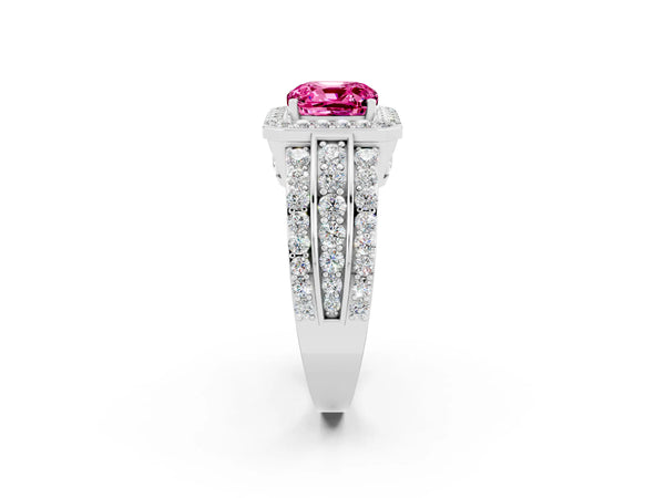 White gold Cushion Cut Halo Pink Sapphire Ring with Round  Split Shank and Prong Setting