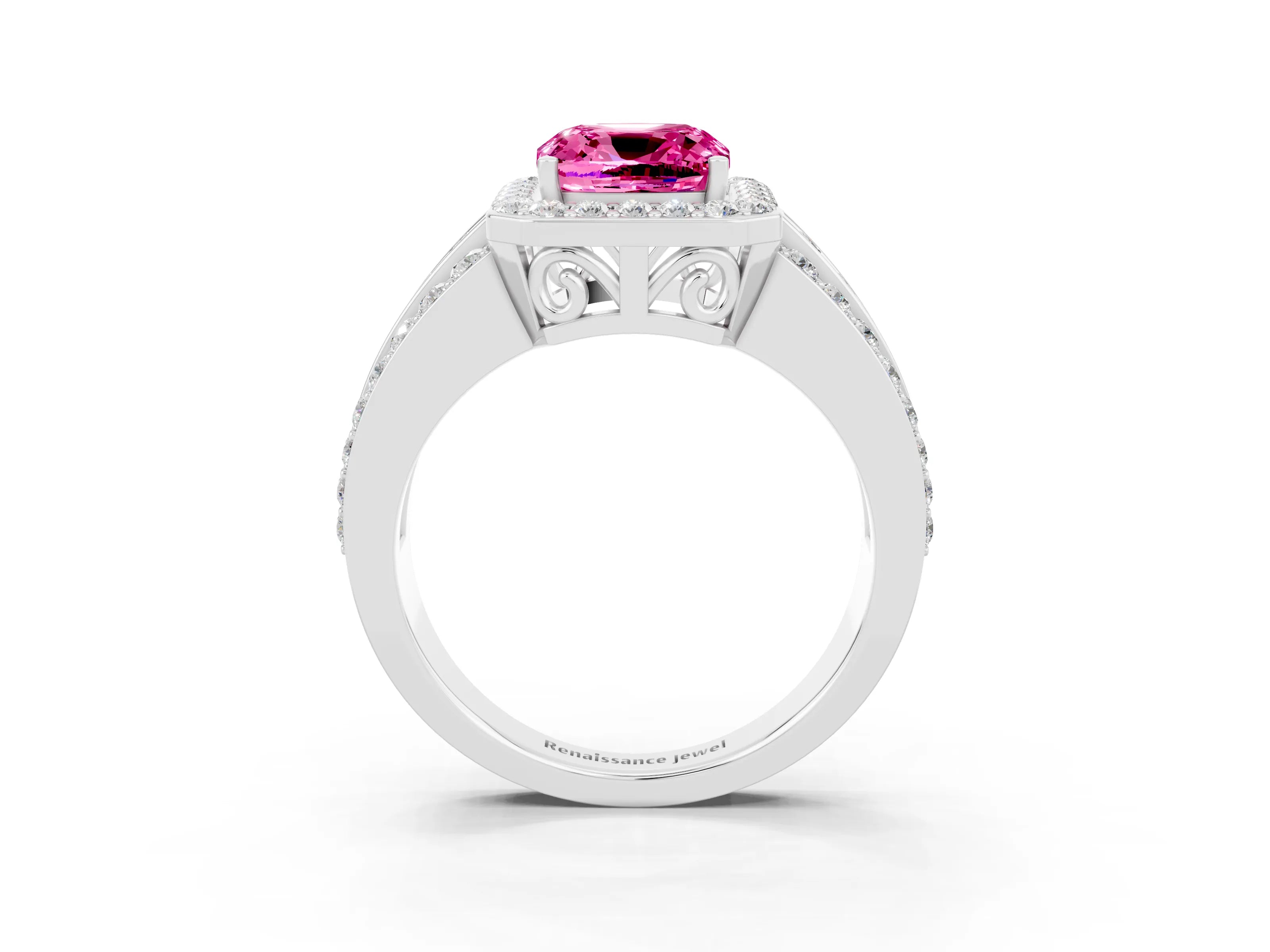 White gold Cushion Cut Halo Pink Sapphire Ring with Split Shank and Four-Prong Setting_27