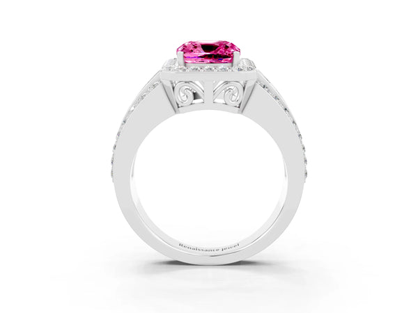 White gold Cushion Cut Halo Pink Sapphire Ring with Round  Split Shank and Prong Setting