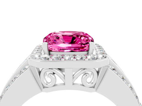White gold Cushion Cut Halo Pink Sapphire Ring with Split Shank and Four-Prong Setting_28