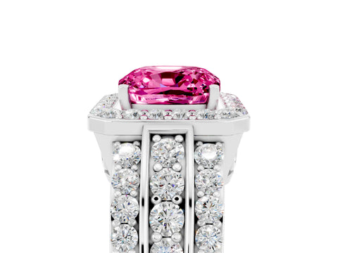 White gold Cushion Cut Halo Pink Sapphire Ring with Split Shank and Four-Prong Setting_29