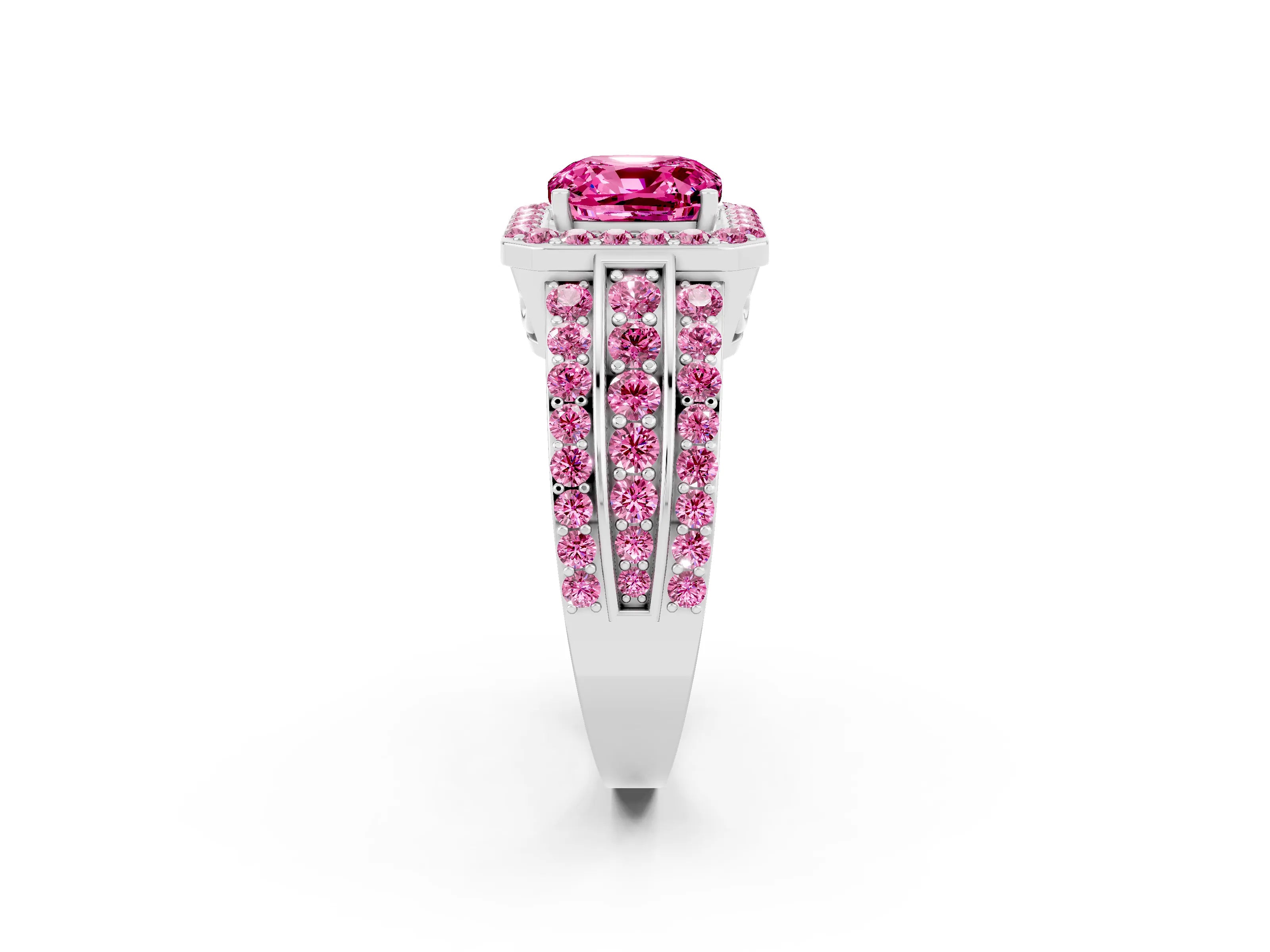 White gold Cushion Cut Halo Pink Sapphire Ring with Split Shank and Four-Prong Setting_2