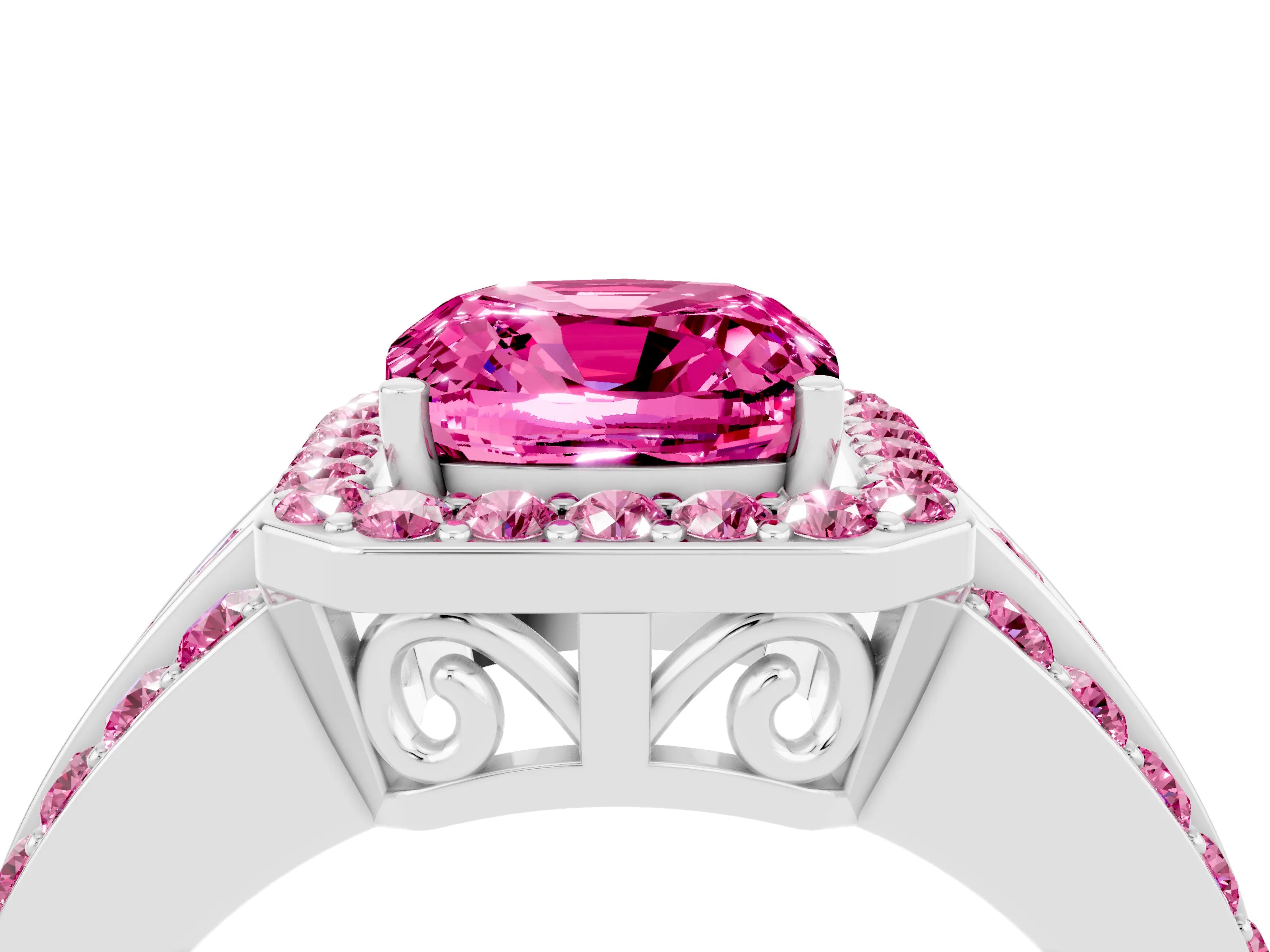 White gold Cushion Cut Halo Pink Sapphire Ring with Split Shank and Four-Prong Setting_4