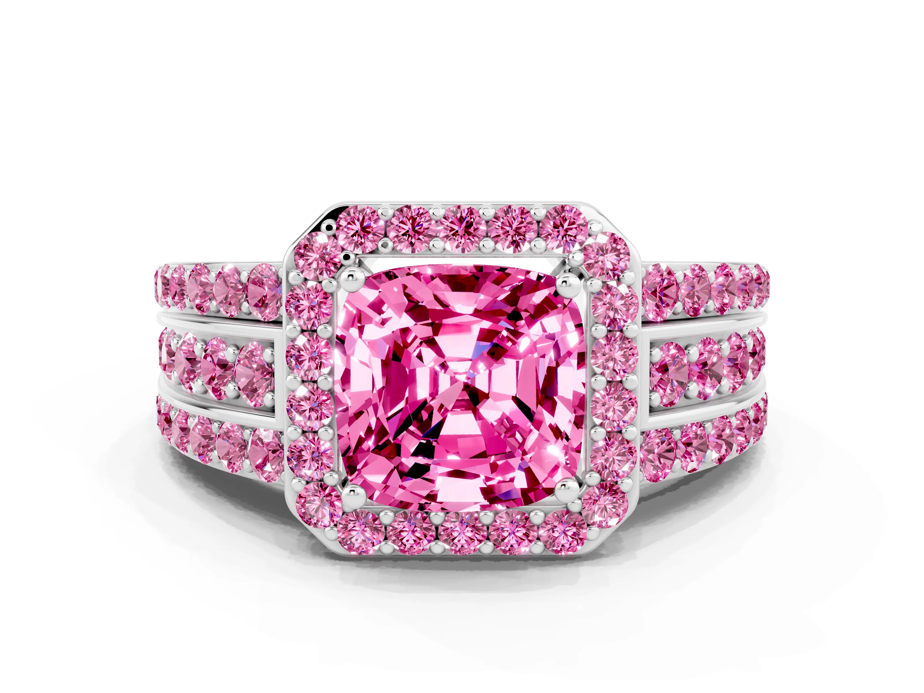White gold Cushion Cut Halo Pink Sapphire Ring with Split Shank and Four-Prong Setting