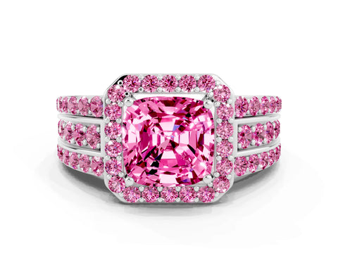 White gold Cushion Cut Halo Pink Sapphire Ring with Split Shank and Four-Prong Setting