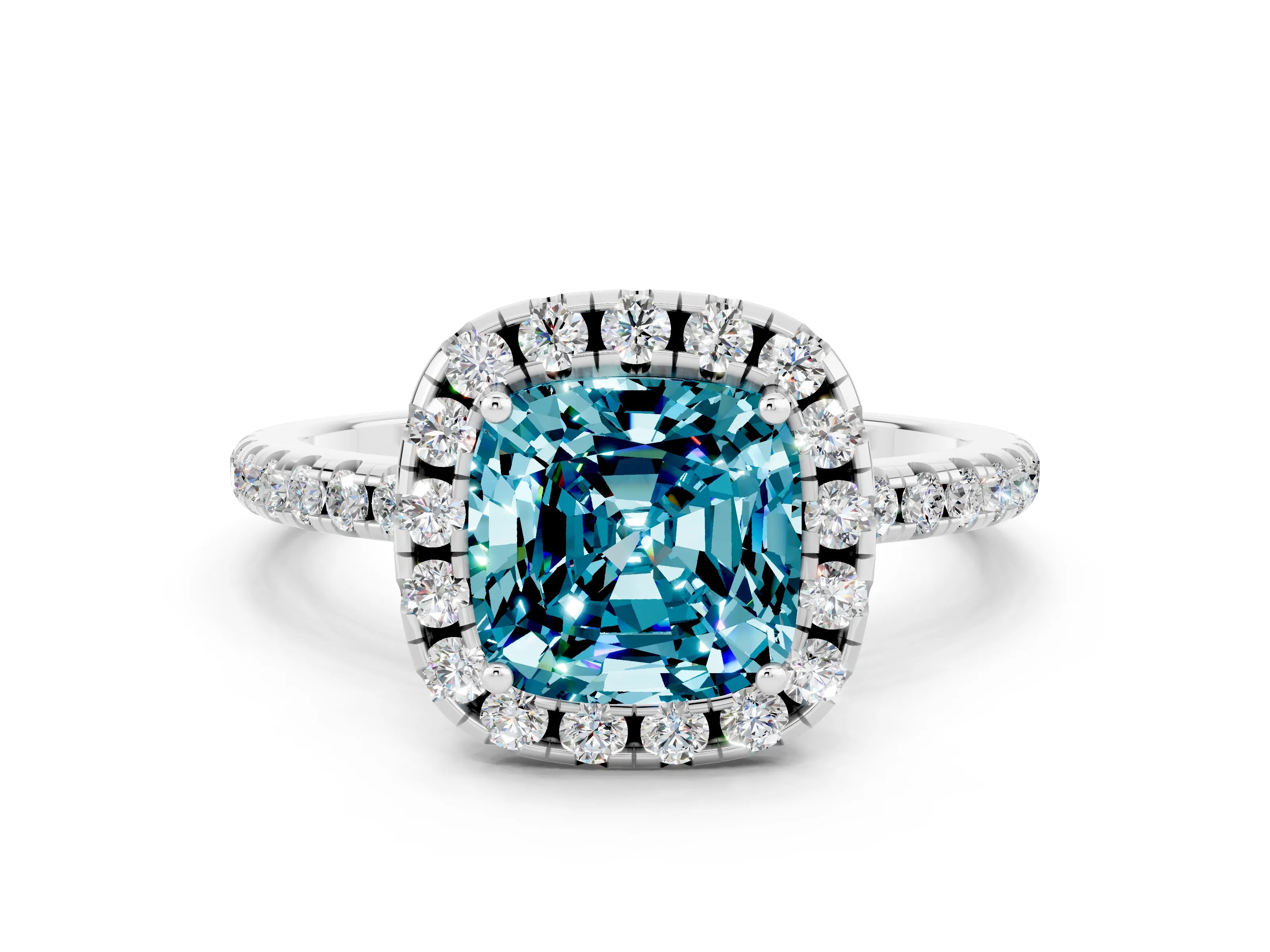 White gold Cushion Cut Halo Round Diamond Pavé Band Four-Prong Ring