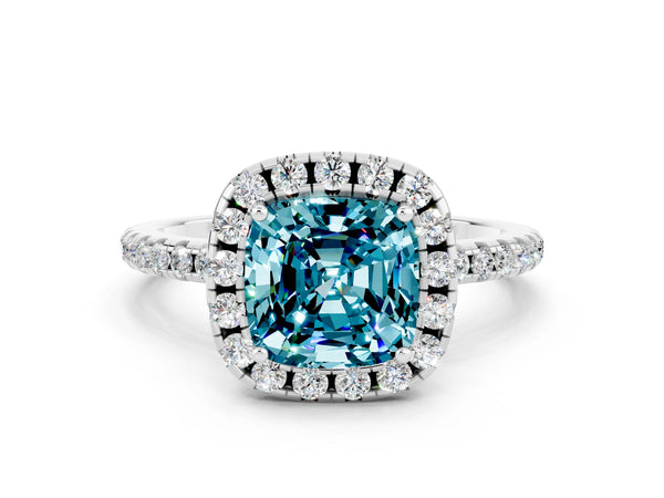 Platinum Cushion Cut Halo Round Diamond Pavé Band Four-Prong Ring