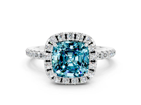 White gold Cushion Cut Halo Round Diamond Pavé Band Four-Prong Ring