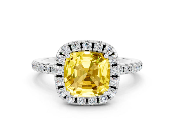 Platinum Cushion Cut Yellow Sapphire Halo Ring with Round Pavé Band and Prong Setting