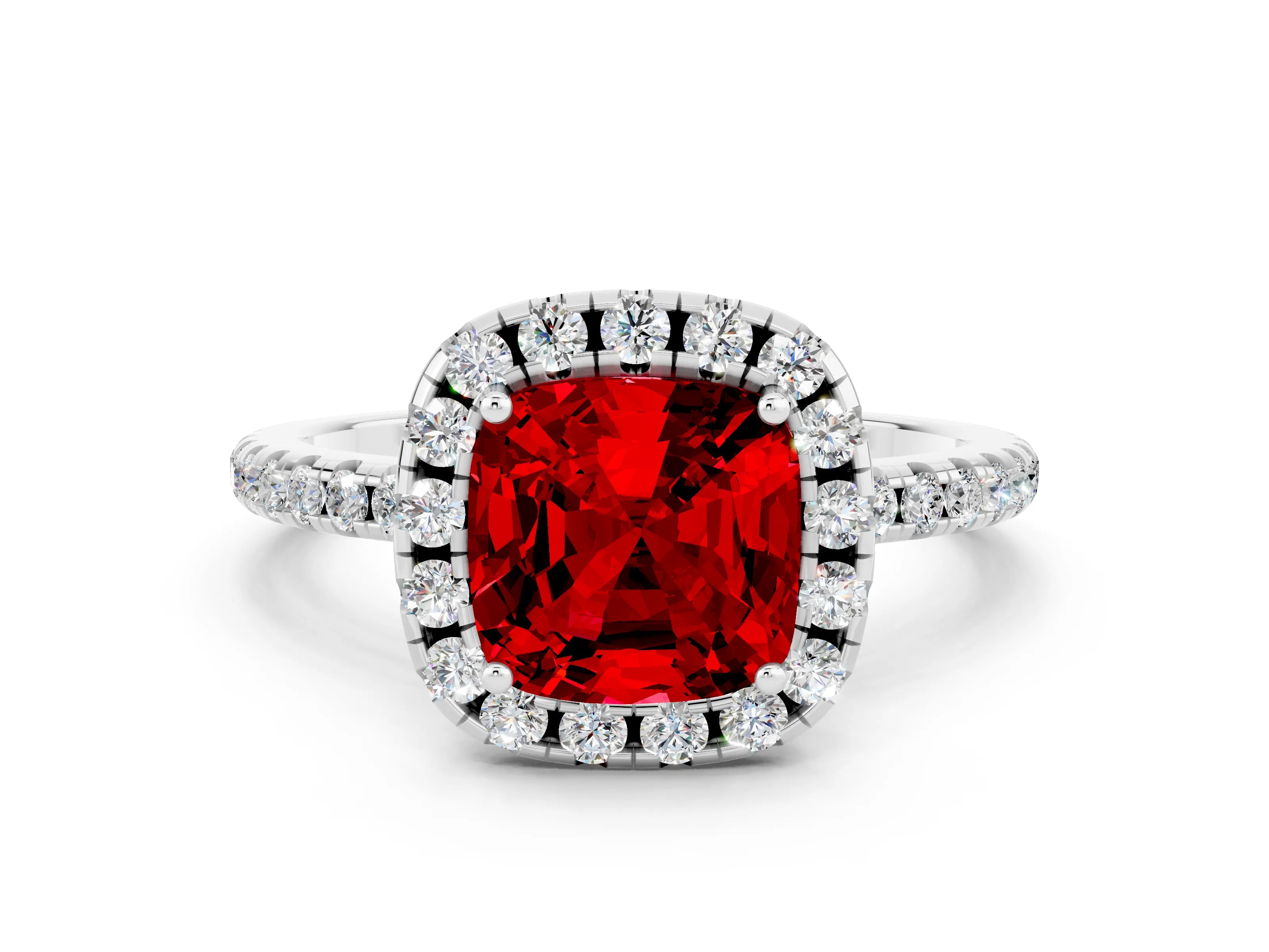 White gold Cushion Cut Halo Round Diamond Pavé Band Four-Prong Ring_12