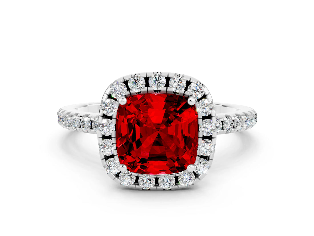 White gold Cushion Cut Halo Round Diamond Pavé Band Four-Prong Ring_12