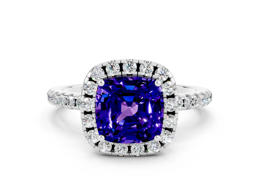White gold Cushion Cut Halo Round Diamond Pavé Band Four-Prong Ring_12