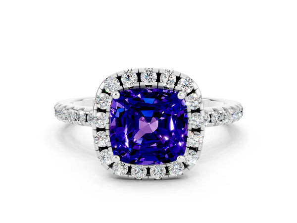 White gold Cushion Cut Tanzanite Halo Ring with Round Pavé Band and Prong Setting