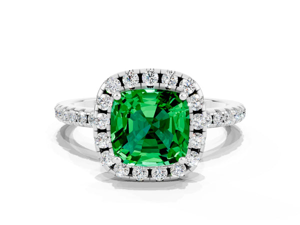 Platinum Cushion Cut Emerald Halo Ring with Round Pavé Band and Prong Setting