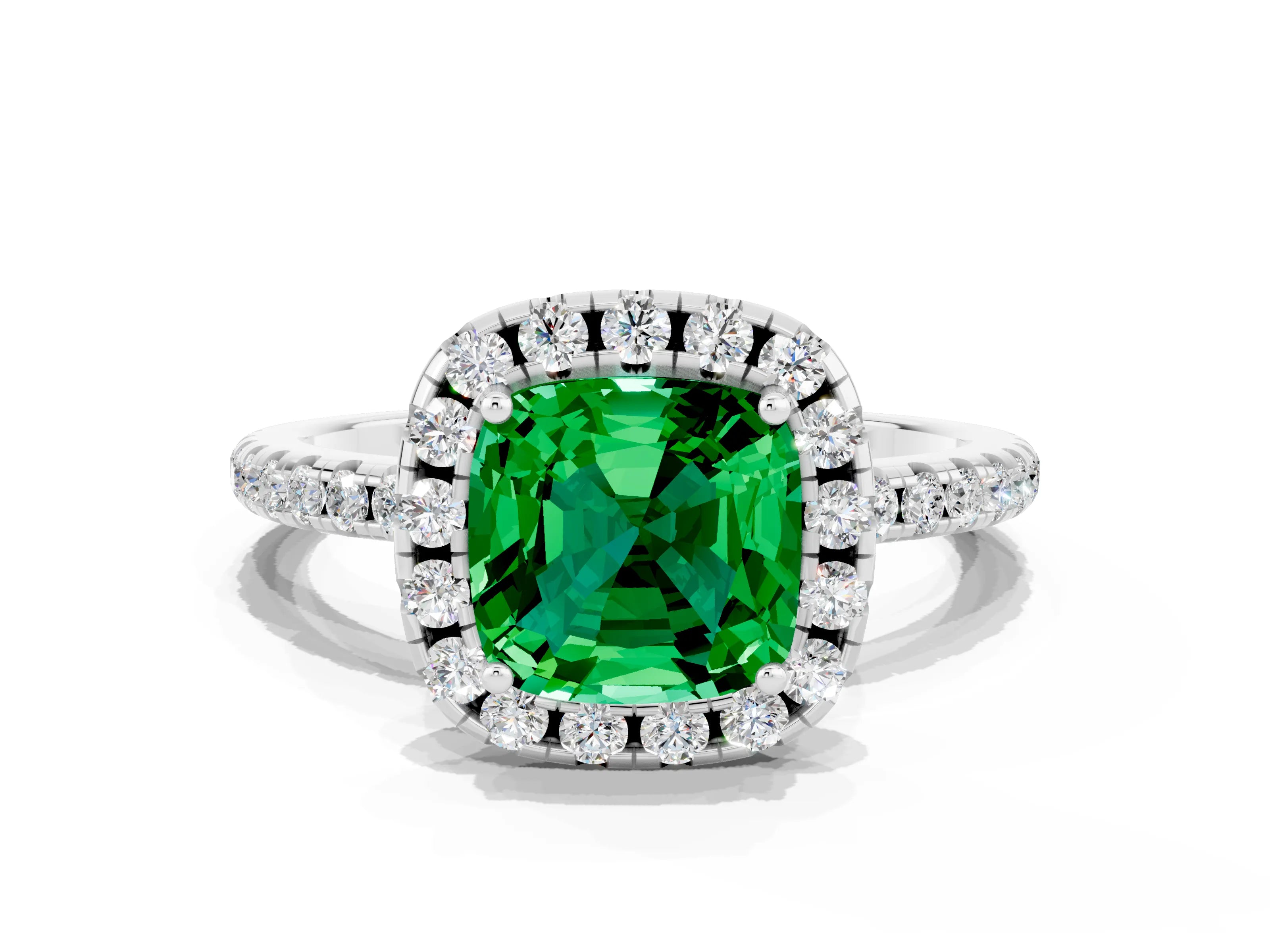 White gold Cushion Cut Halo Round Diamond Pavé Band Four-Prong Ring_12