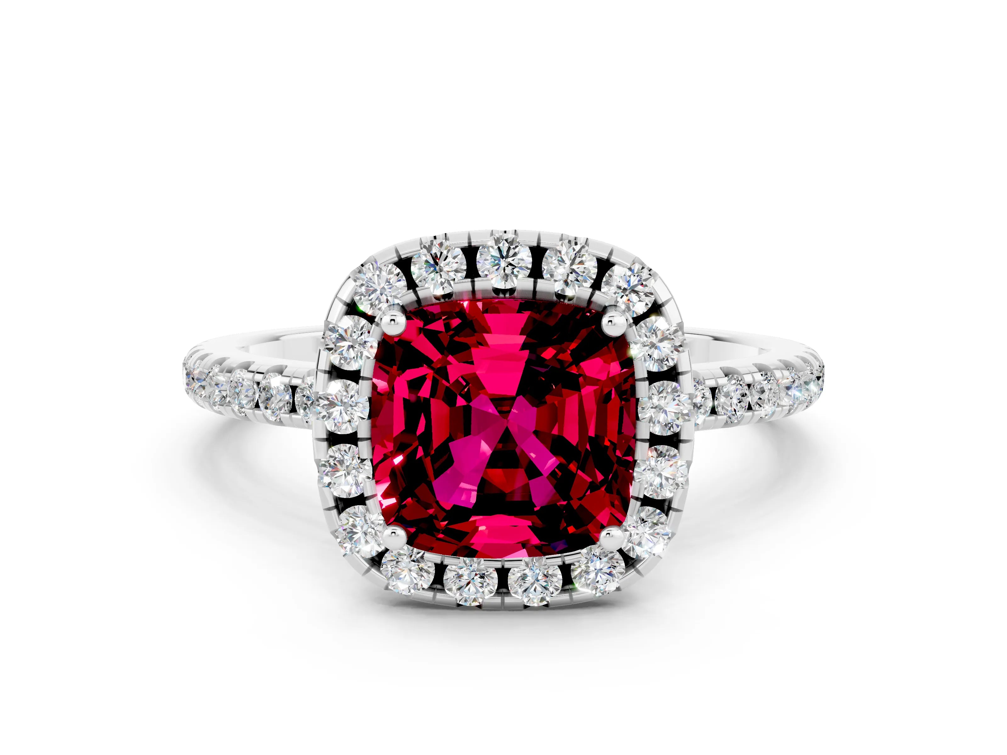 White gold Cushion Cut Halo Round Diamond Pavé Band Four-Prong Ring_12