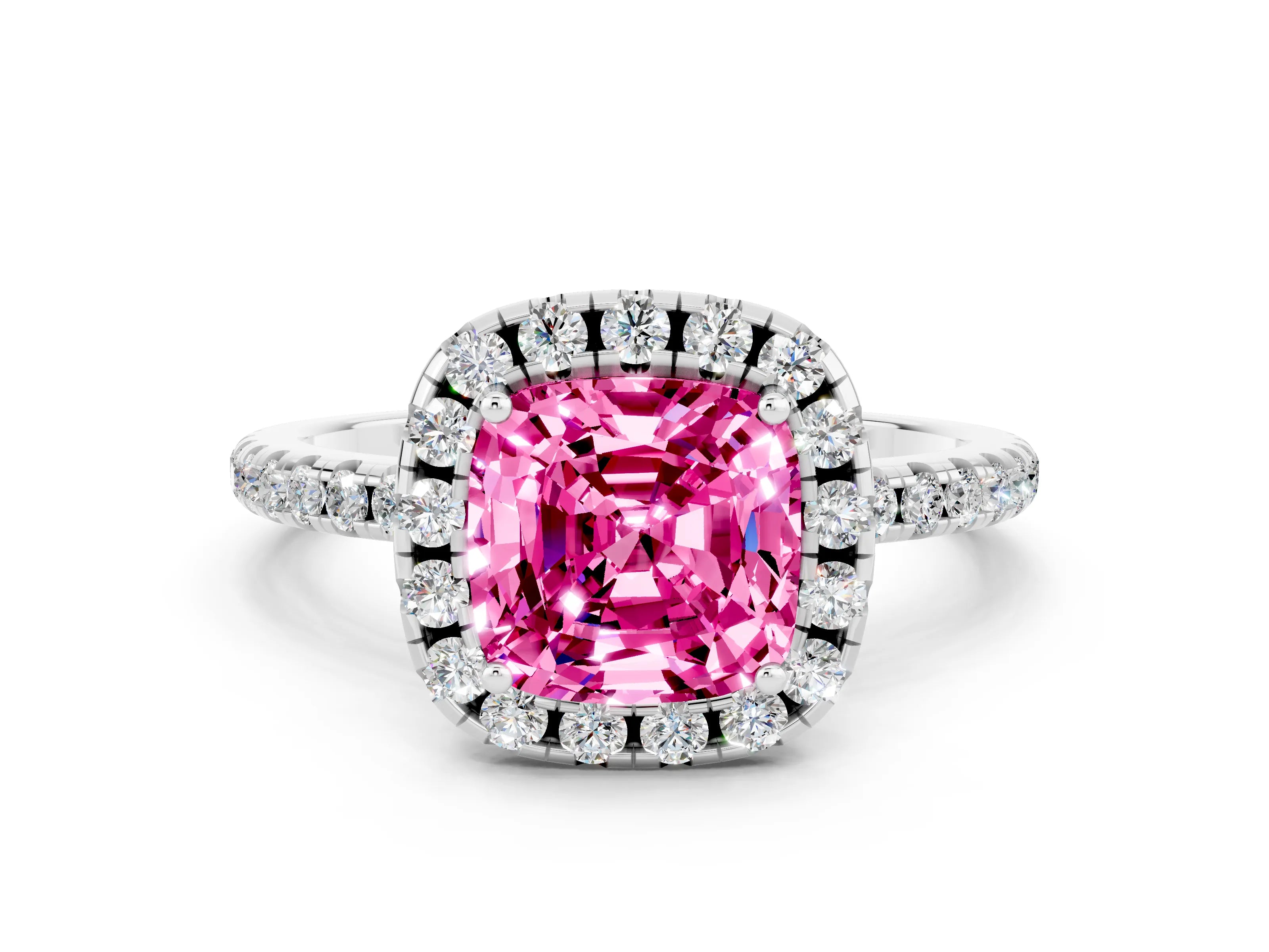 White gold Cushion Cut Halo Round Diamond Pavé Band Four-Prong Ring_12
