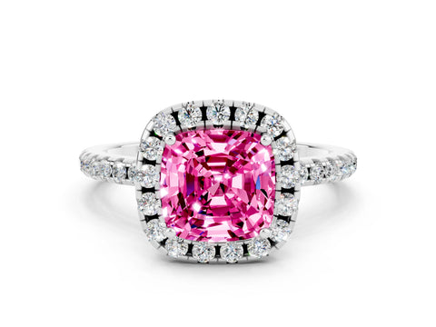 White gold Cushion Cut Halo Round Diamond Pavé Band Four-Prong Ring_12