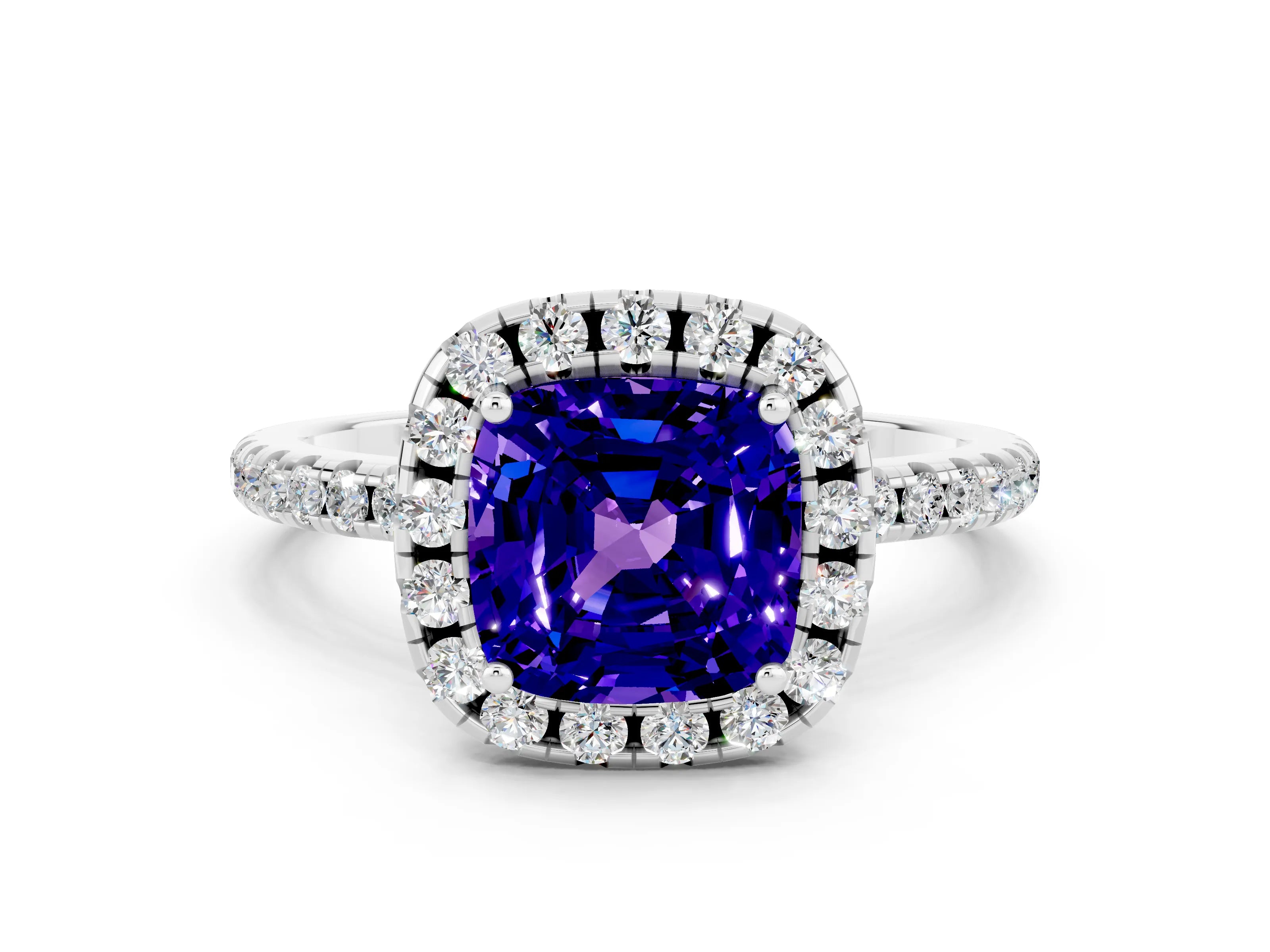 White gold Cushion Cut Halo Round Diamond Pavé Band Four-Prong Ring_12