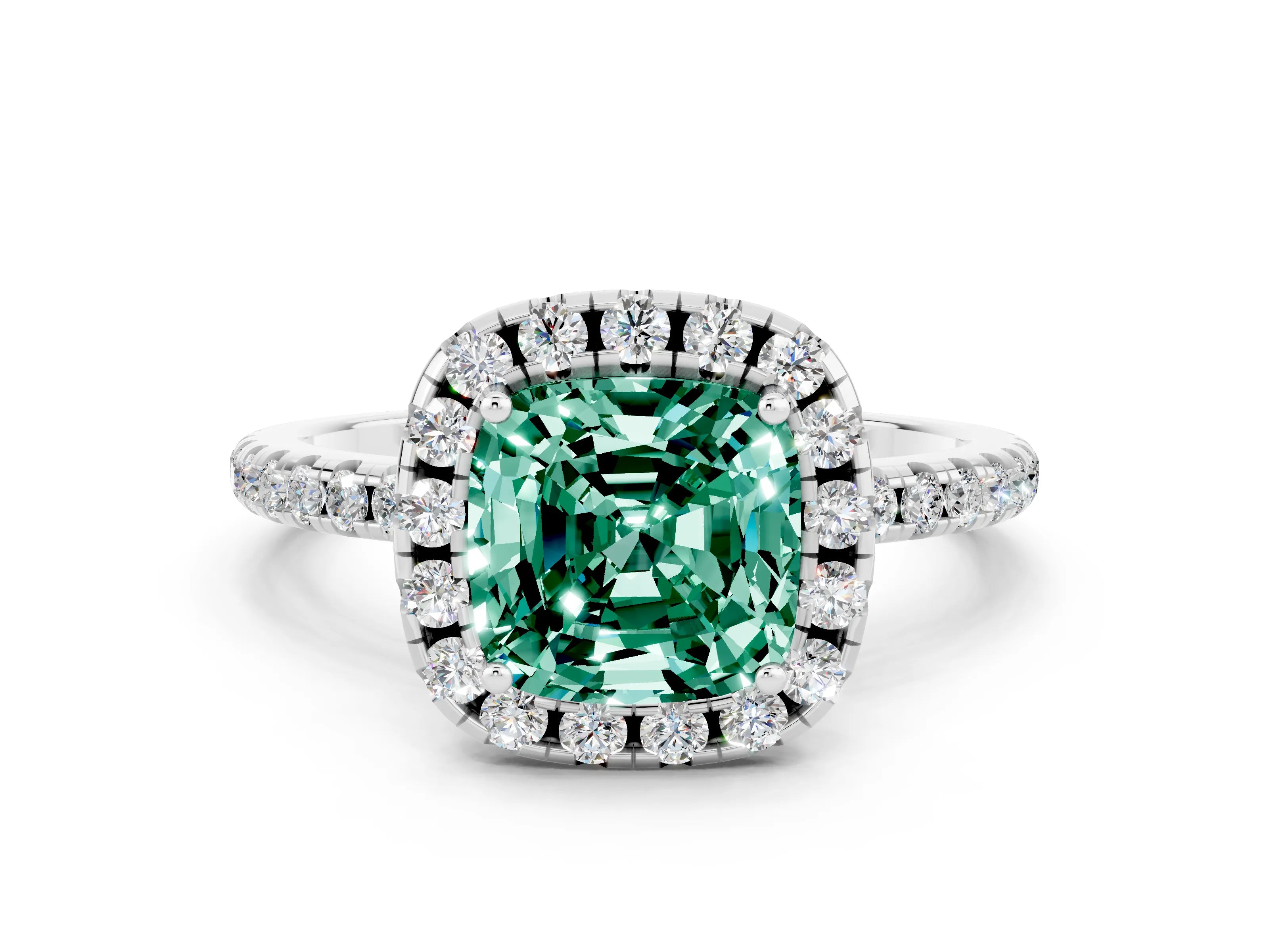 White gold Cushion Cut Halo Round Diamond Pavé Band Four-Prong Ring_12