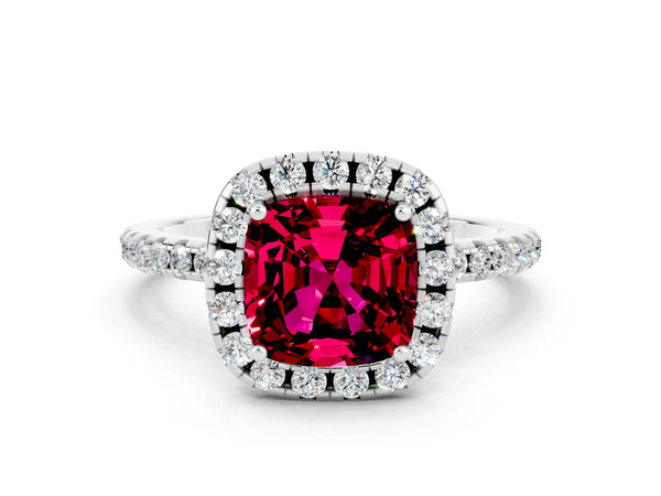 Platinum Cushion Cut Garnet Halo Ring with Round Pavé Band and Prong Setting