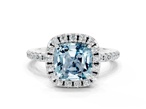 White gold Cushion Cut Halo Round Diamond Pavé Band Four-Prong Ring_12