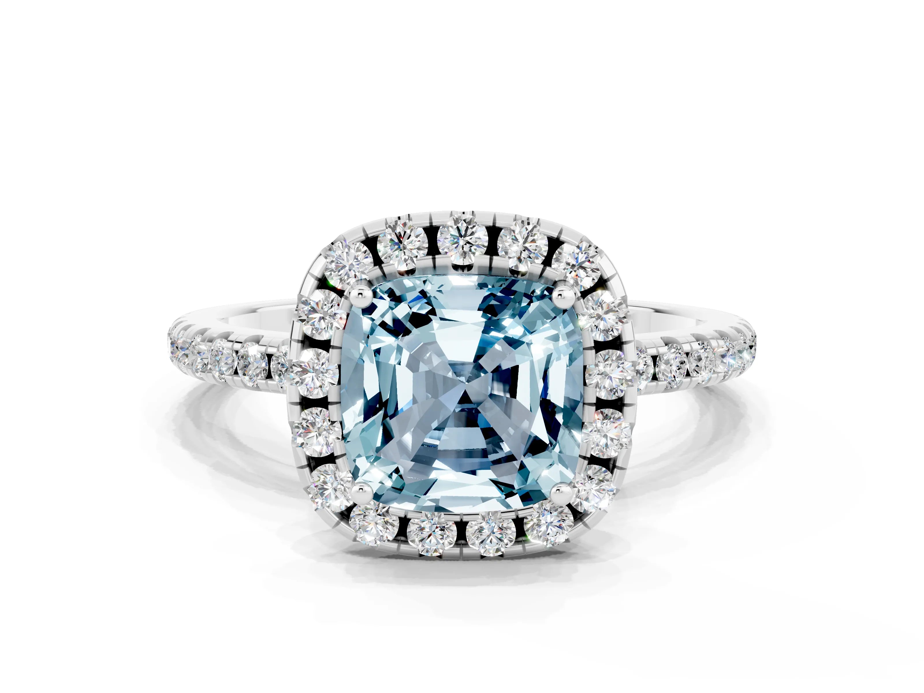 White gold Cushion Cut Halo Round Diamond Pavé Band Four-Prong Ring_12