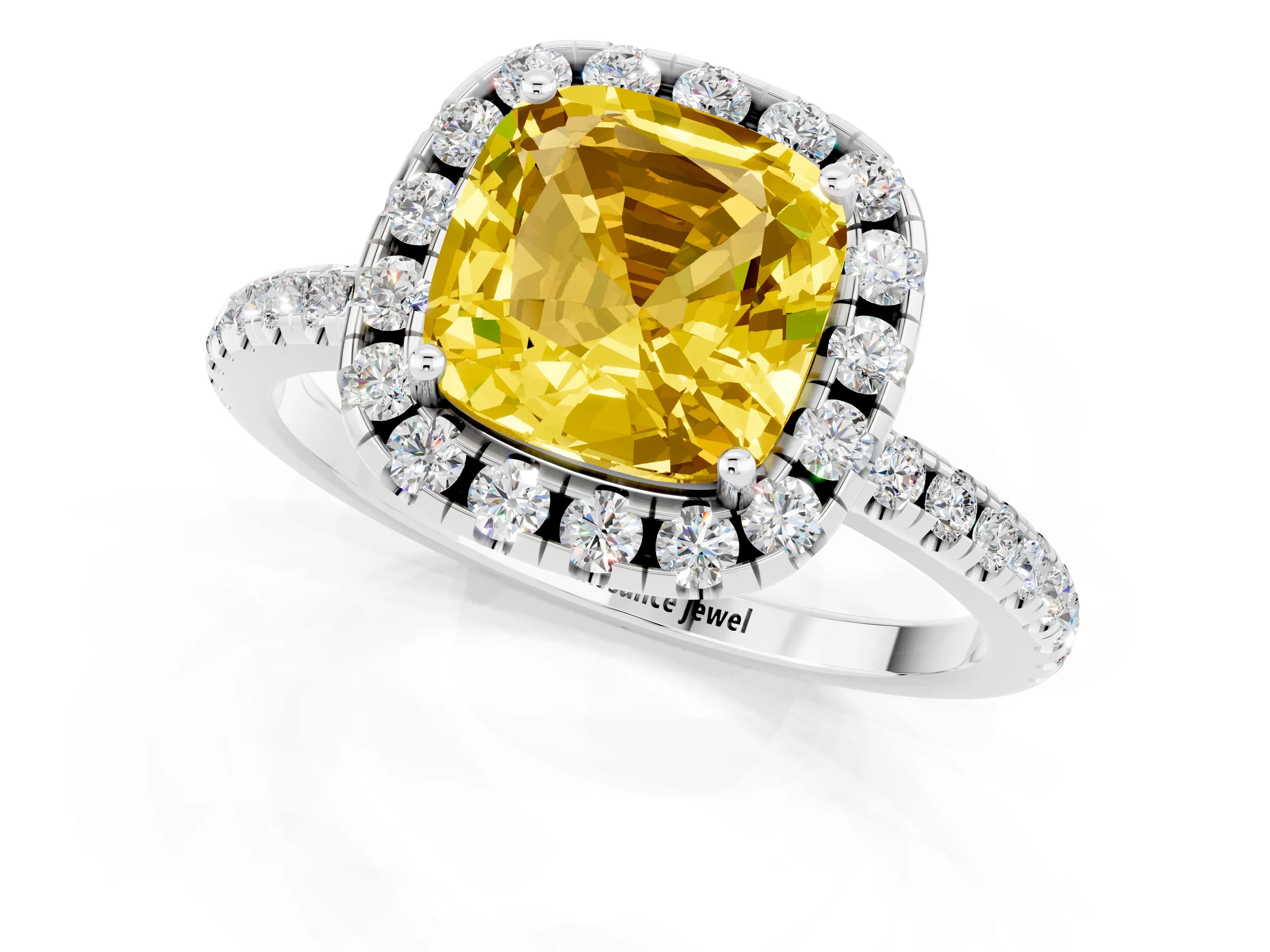 White gold Cushion Cut Halo Round Diamond Pavé Band Four-Prong Ring_13