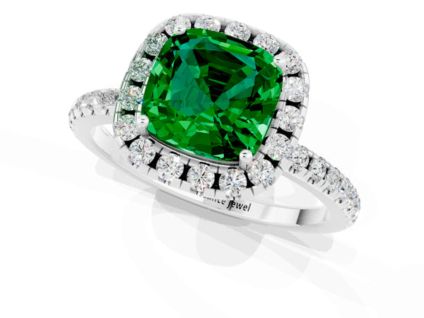 Silver Cushion Cut Emerald Halo Ring with Round Pavé Band and Prong Setting