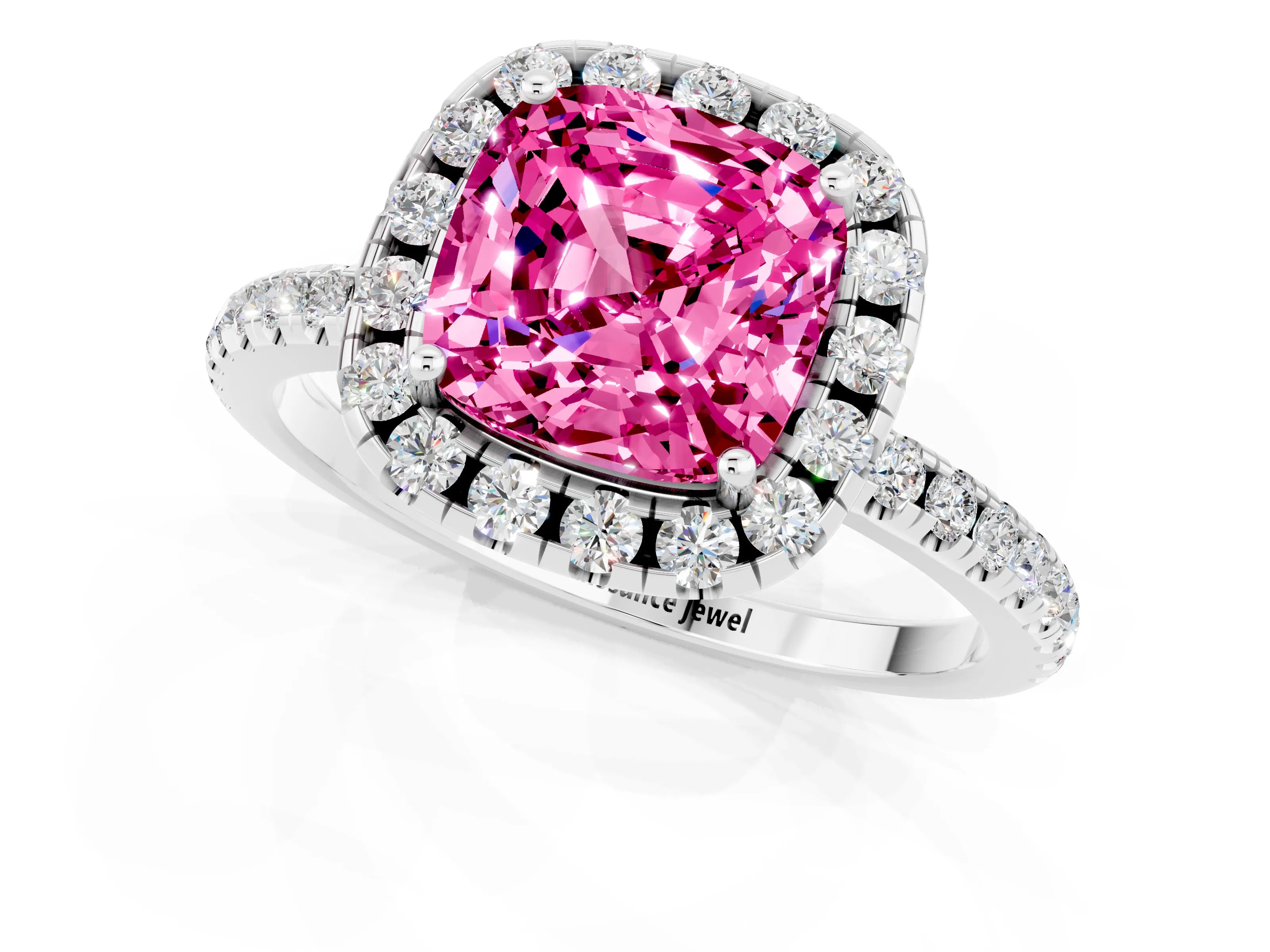 White gold Cushion Cut Halo Round Diamond Pavé Band Four-Prong Ring_13