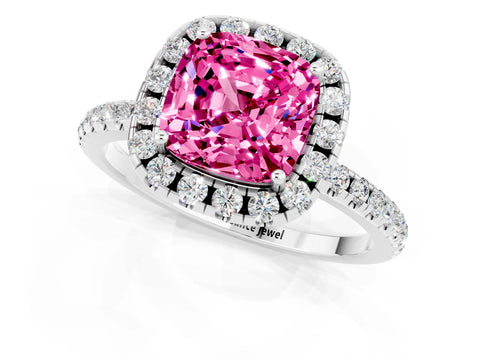 White gold Cushion Cut Halo Round Diamond Pavé Band Four-Prong Ring_13